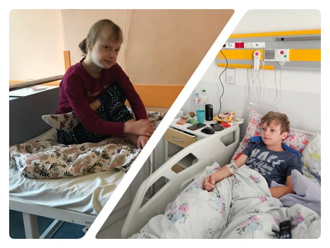 Zdjęcie przedstawia dwójkę chorych dzieci, które muszą przejść operację w Szpitalu Zdroje