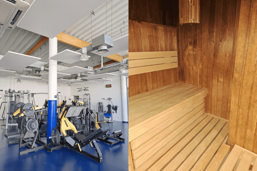 Obraz przedstawia zestawienie dwóch zdjęć zaplecza Floating Areny ze Szczecina- sauny i siłowni.