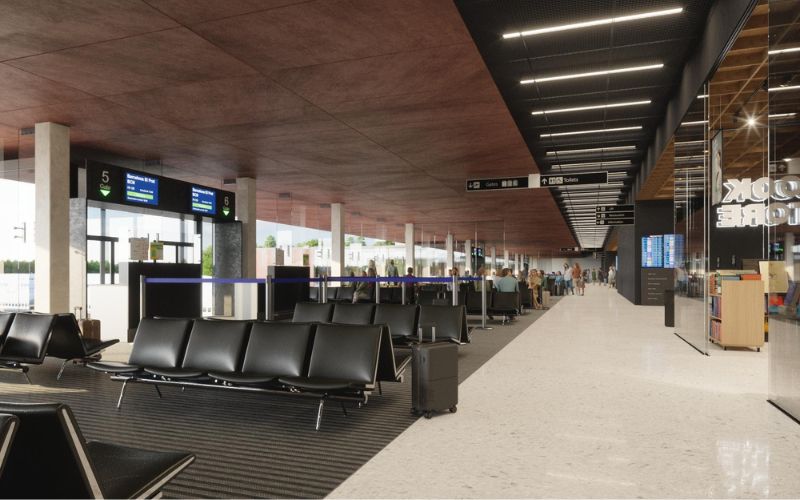 Zdjęcie przedstawia nowy terminal odlotów na lotnisku Szczecin-Goleniów