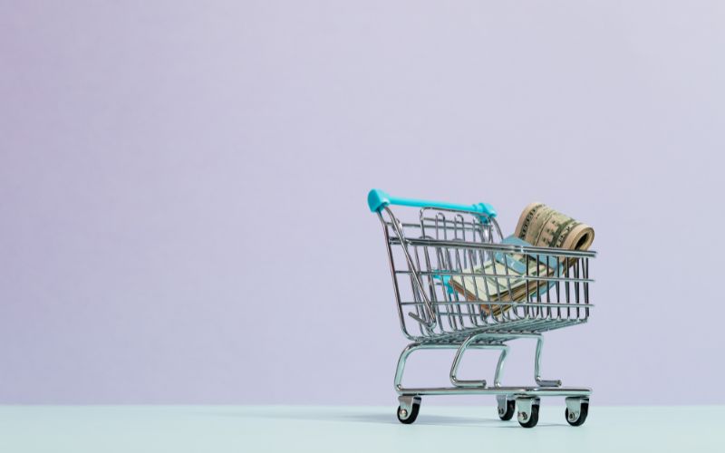 Zdjęcie przedstawia wózek sklepowy z pieniędzmi