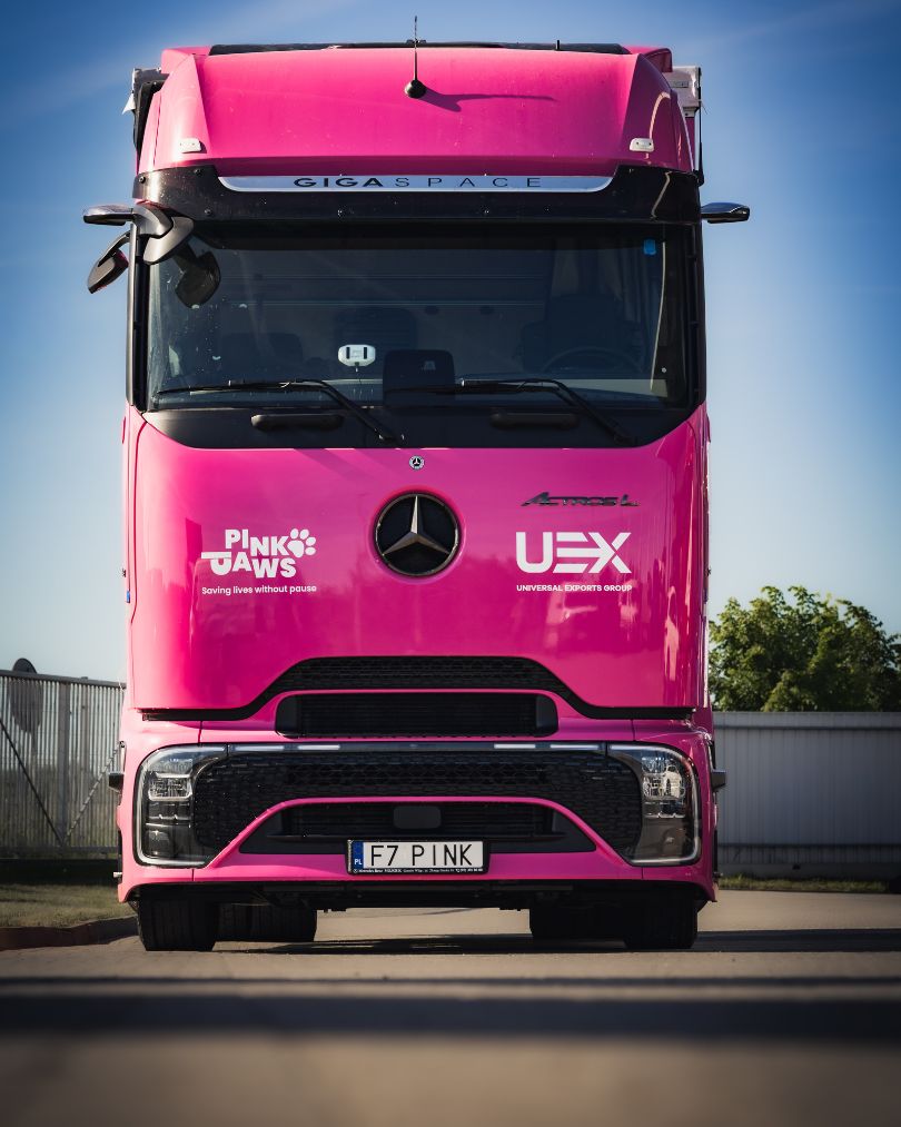 Różowa ciężarówka Mercedes Benz Actros Mojsiuk