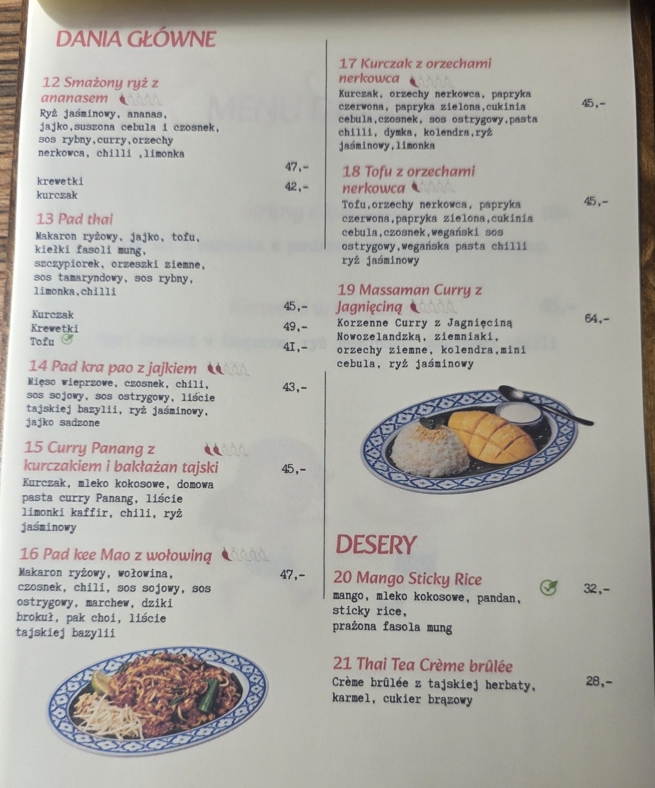 Menu poglądowe restauracji Kinnari