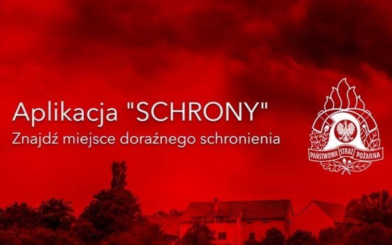 Grafika aplikacji „SCHRONY” Państwowej Straży Pożarnej do wyszukiwania miejsc doraźnego schronienia