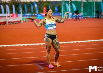 Ewa Swoboda podczas 9. Międzynarodowego Memoriału Wiesława Maniaka w Szczecinie na bieżni lekkoatletycznej