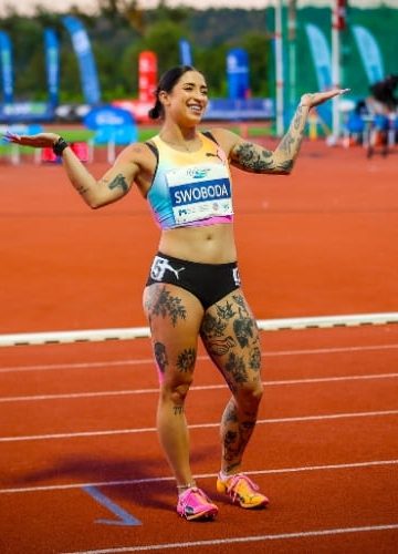 Ewa Swoboda podczas 9. Międzynarodowego Memoriału Wiesława Maniaka w Szczecinie na bieżni lekkoatletycznej