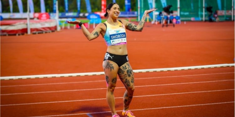 Ewa Swoboda podczas 9. Międzynarodowego Memoriału Wiesława Maniaka w Szczecinie na bieżni lekkoatletycznej