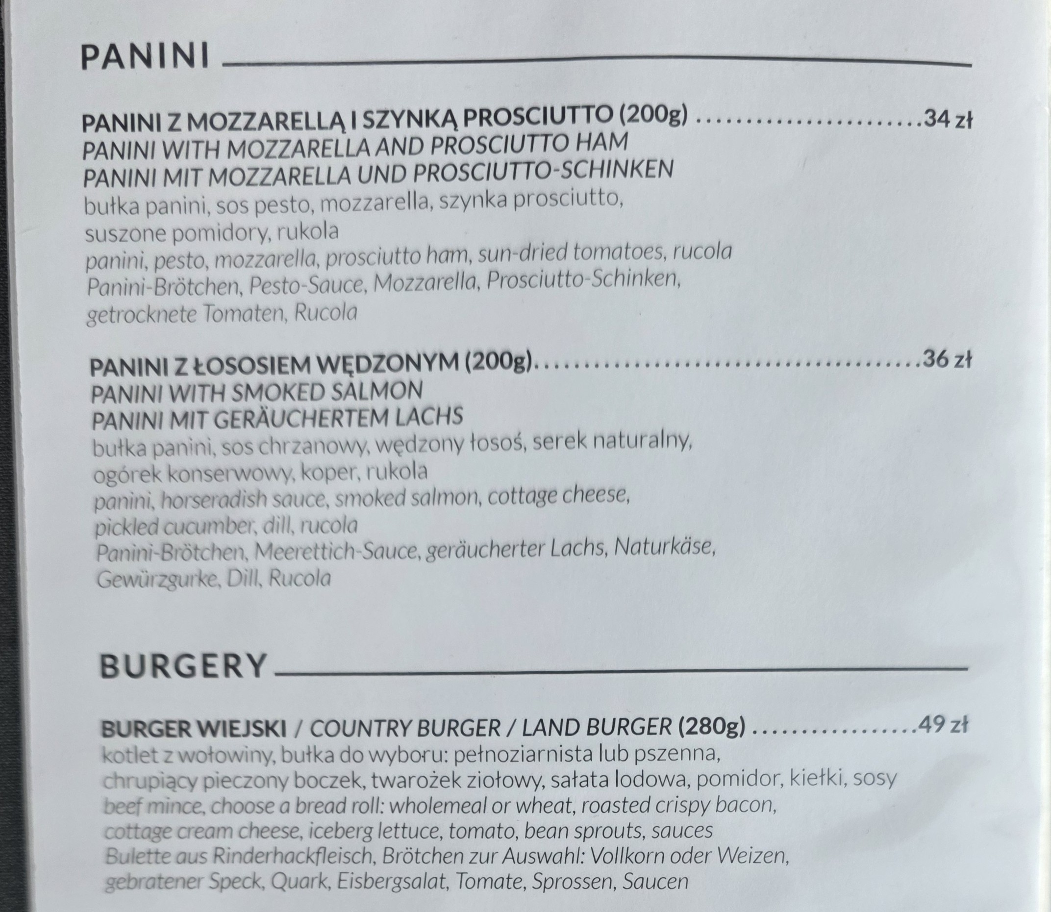 Menu poglądowe Cafe 22